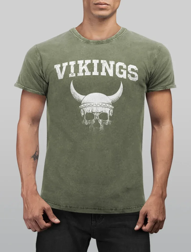 Herren Vintage Shirt Wikinger-Helm Skull Totenkopf Printshirt T-Shirt Aufdruck Used Look Slim Fit