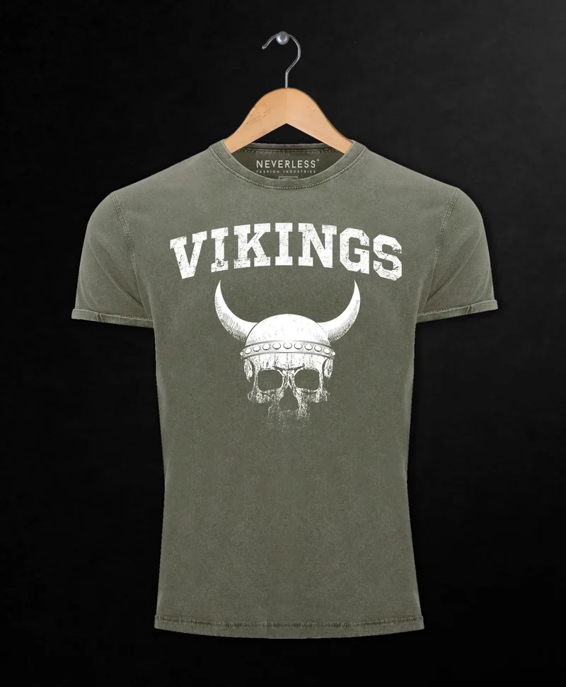 Herren Vintage Shirt Wikinger-Helm Skull Totenkopf Printshirt T-Shirt Aufdruck Used Look Slim Fit