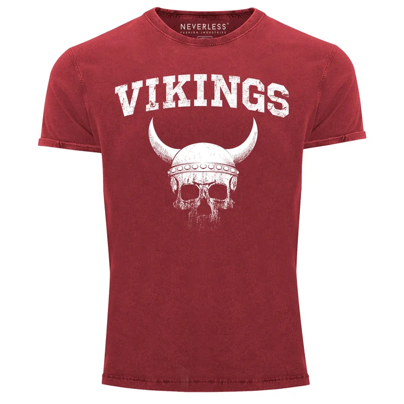 Herren Vintage Shirt Wikinger-Helm Skull Totenkopf Printshirt T-Shirt Aufdruck Used Look Slim Fit