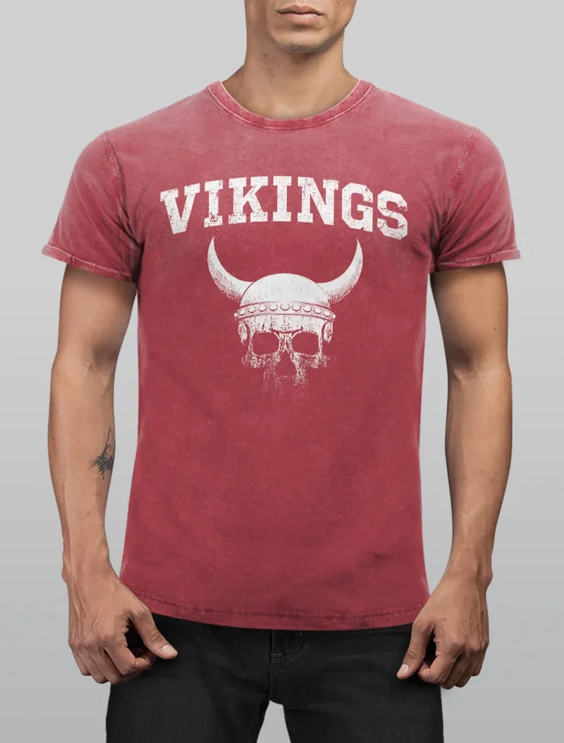 Herren Vintage Shirt Wikinger-Helm Skull Totenkopf Printshirt T-Shirt Aufdruck Used Look Slim Fit