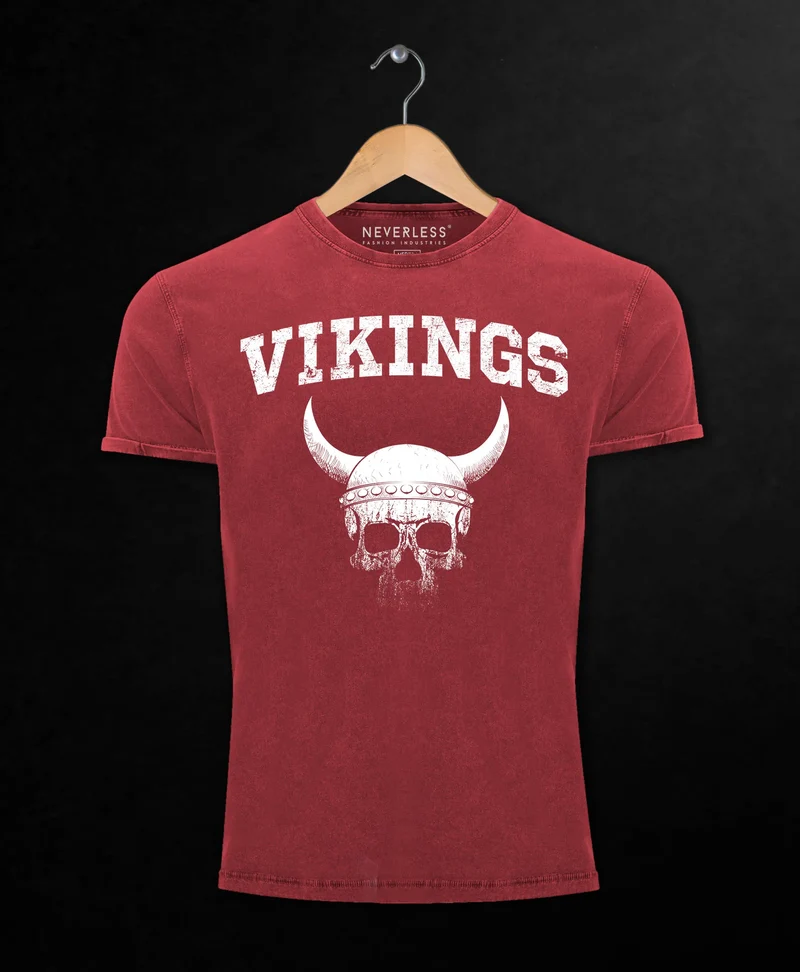 Herren Vintage Shirt Wikinger-Helm Skull Totenkopf Printshirt T-Shirt Aufdruck Used Look Slim Fit