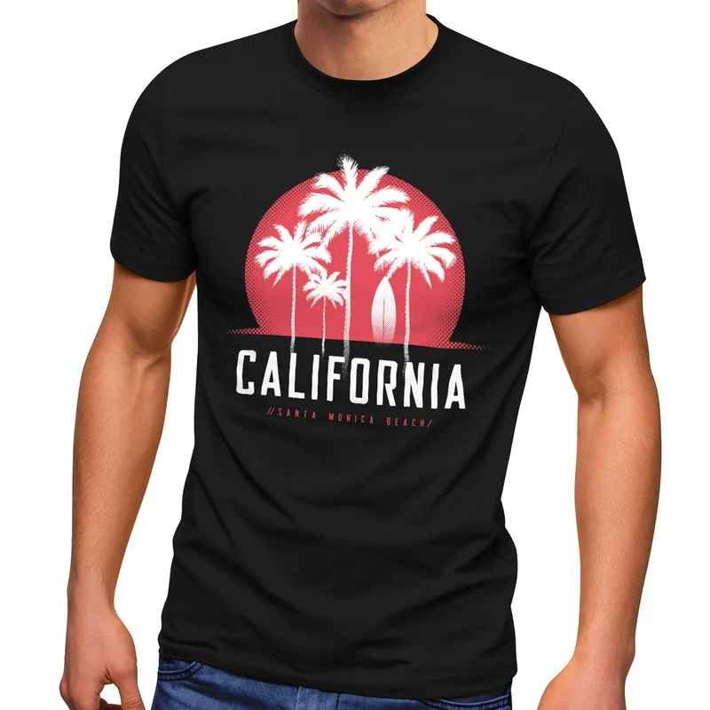 Herren T-Shirt California Palmen Santa Monica Beach Sommer Sonne Fashion Streetstyle