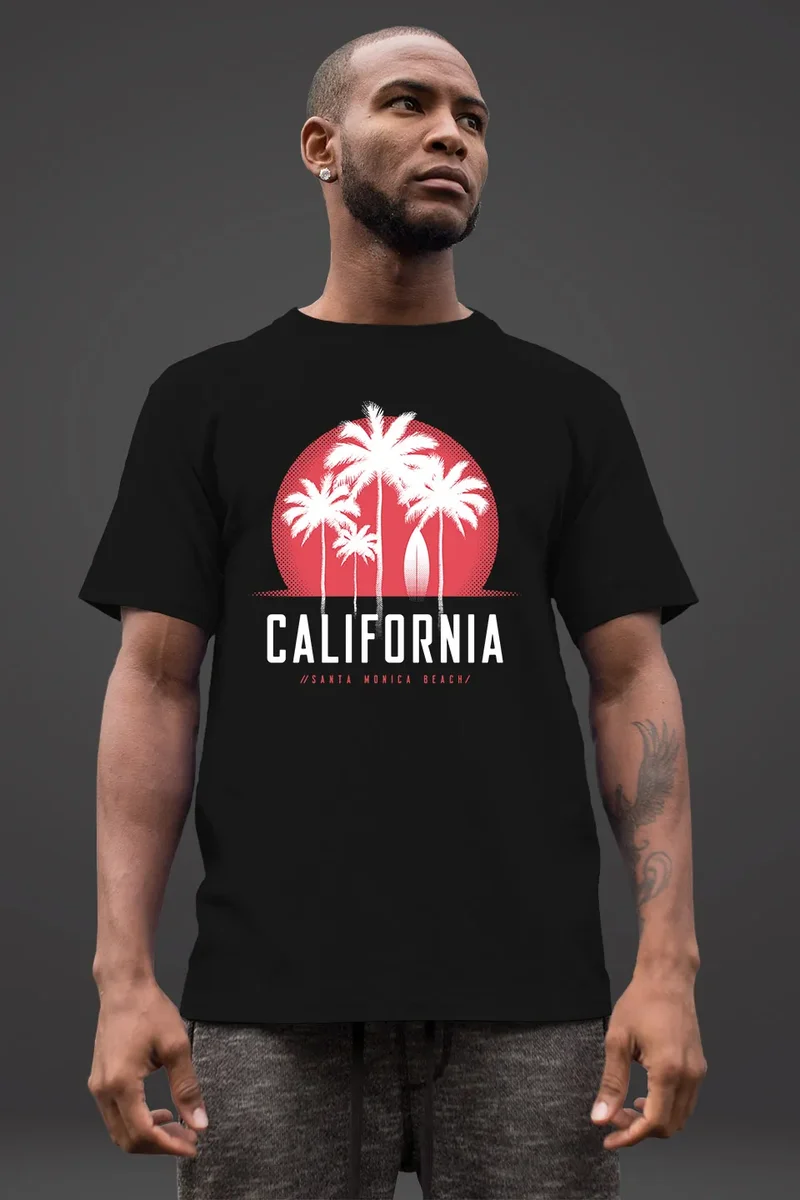 Herren T-Shirt California Palmen Santa Monica Beach Sommer Sonne Fashion Streetstyle