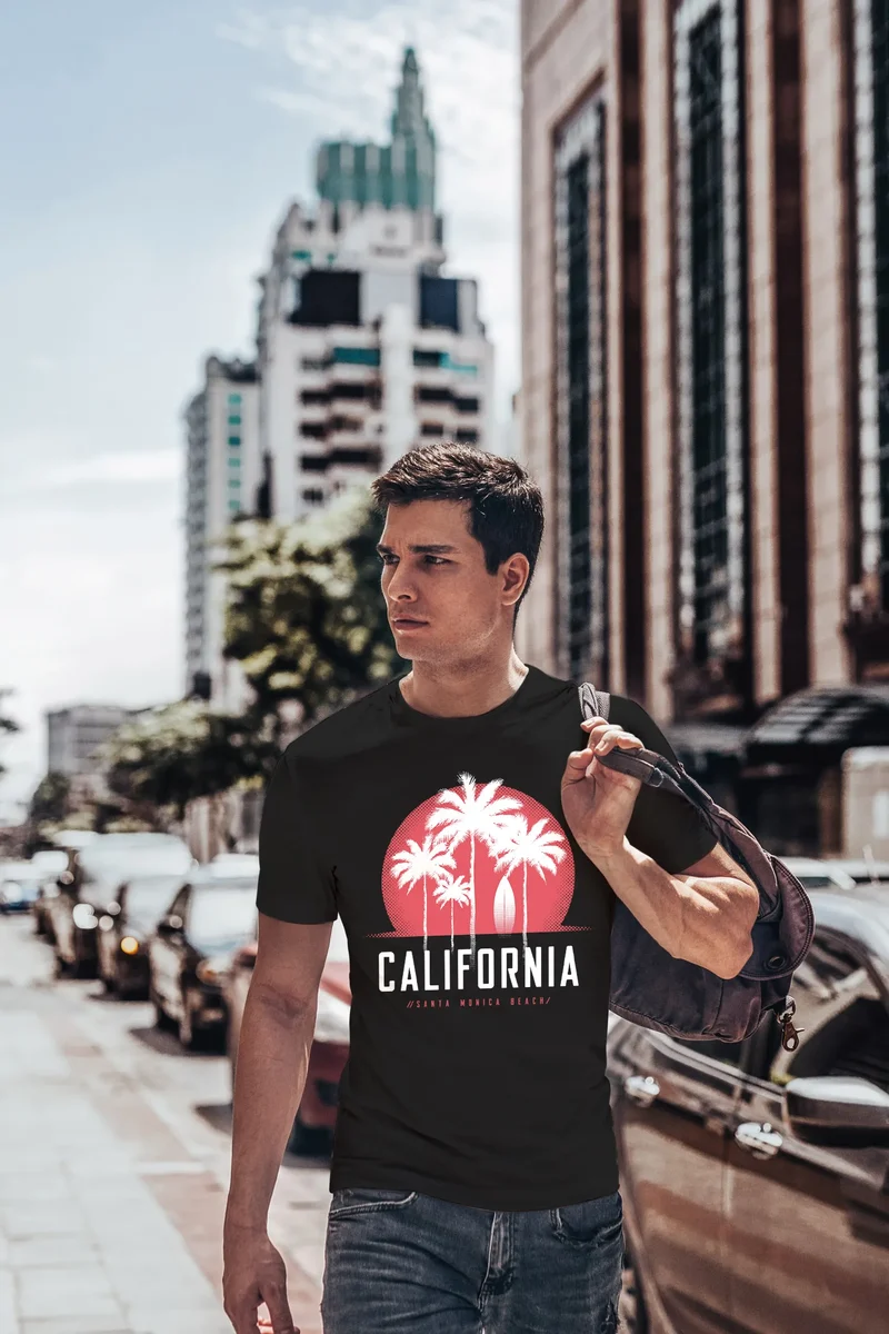Herren T-Shirt California Palmen Santa Monica Beach Sommer Sonne Fashion Streetstyle