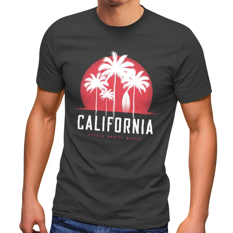 Herren T-Shirt California Palmen Santa Monica Beach Sommer Sonne Fashion Streetstyle