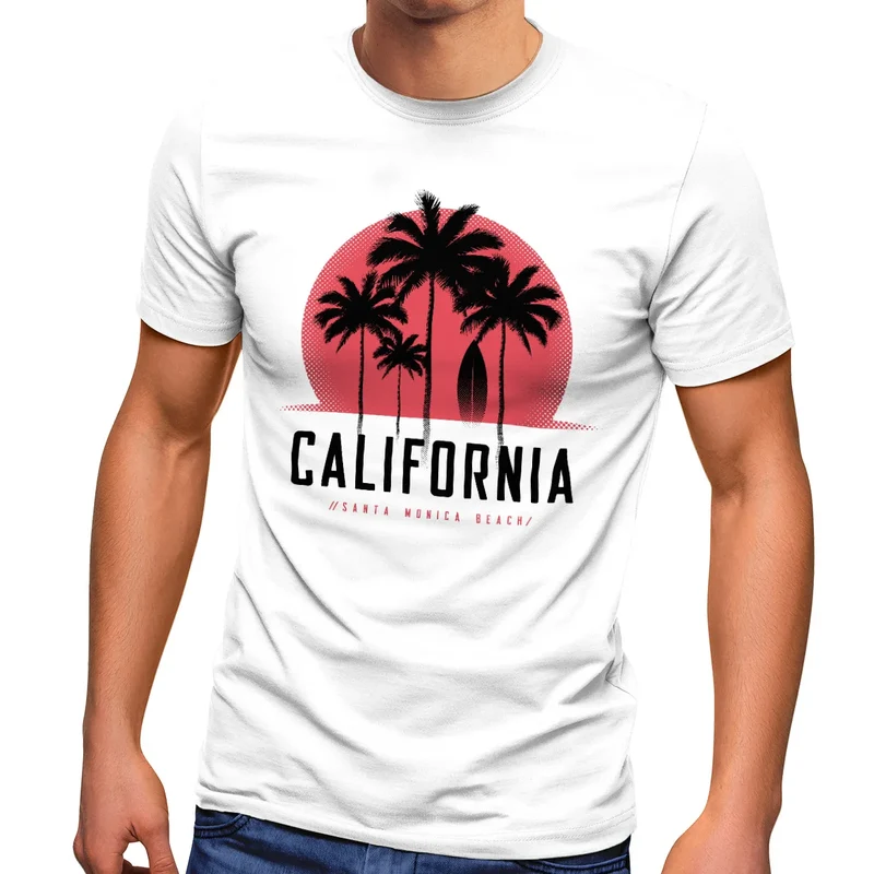 Herren T-Shirt California Palmen Santa Monica Beach Sommer Sonne Fashion Streetstyle
