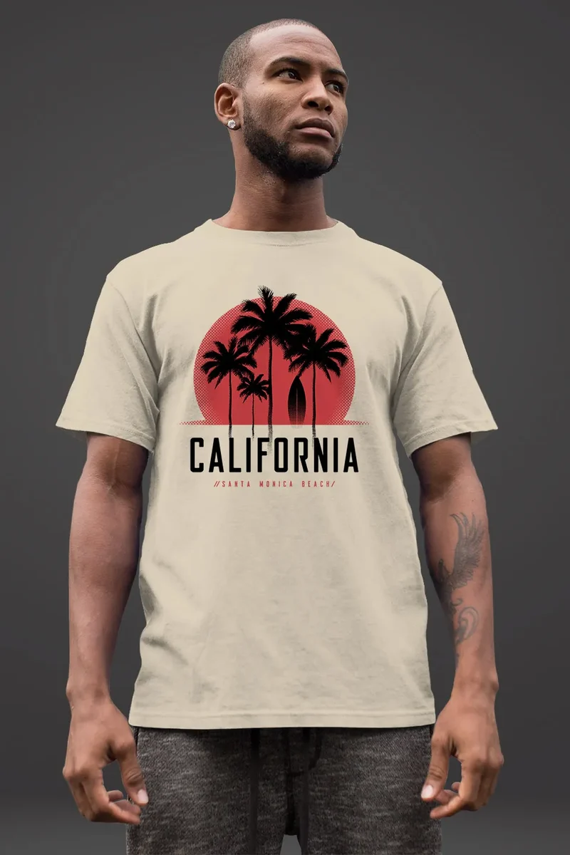 Herren T-Shirt California Palmen Santa Monica Beach Sommer Sonne Fashion Streetstyle