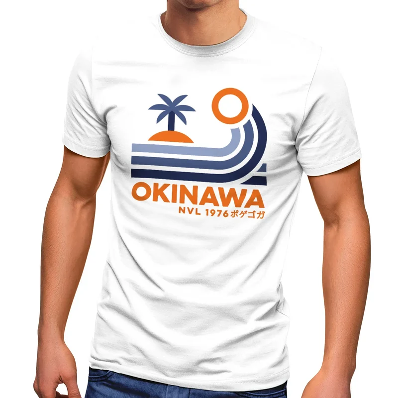 Herren T-Shirt Japan Okinawa Schriftzug Retro Palme Welle Fashion Streetstyle