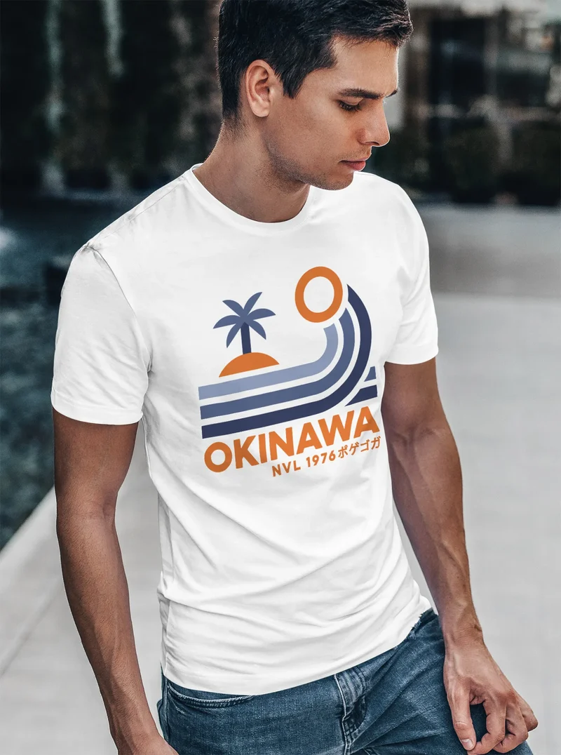 Herren T-Shirt Japan Okinawa Schriftzug Retro Palme Welle Fashion Streetstyle