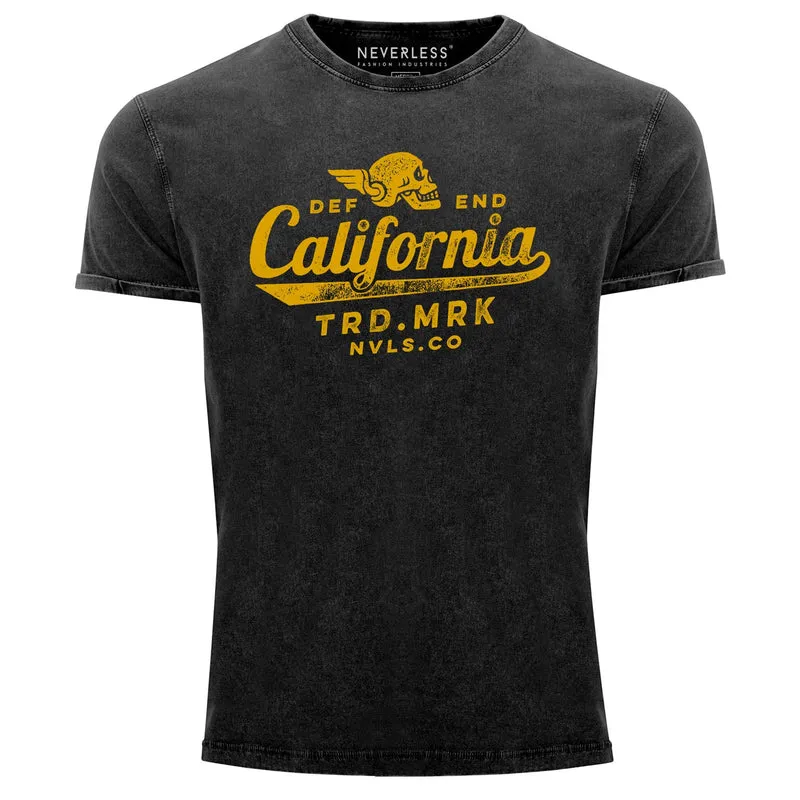 Herren Vintage Shirt California Skull Totenkopf Flügel Biker Motiv Printshirt T-Shirt Aufdruck Used Look Slim Fit