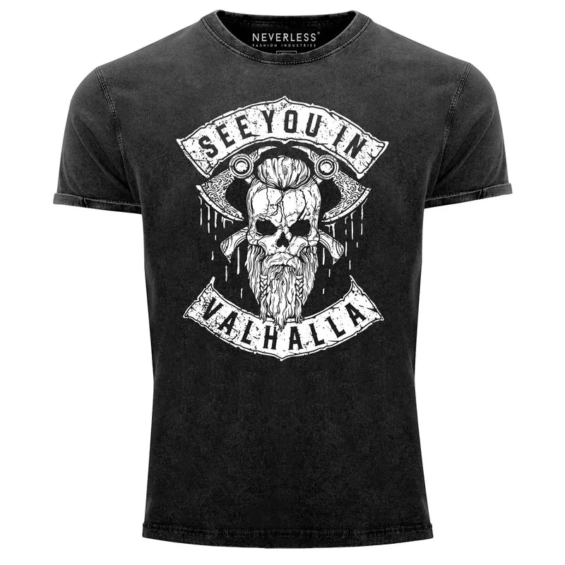 Herren Vintage Shirt See You in Valhalla Wikinger Totenkopf Skull Printshirt T-Shirt Aufdruck Used Look