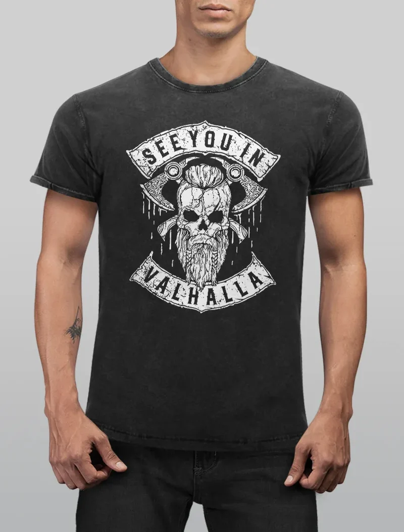 Herren Vintage Shirt See You in Valhalla Wikinger Totenkopf Skull Printshirt T-Shirt Aufdruck Used Look