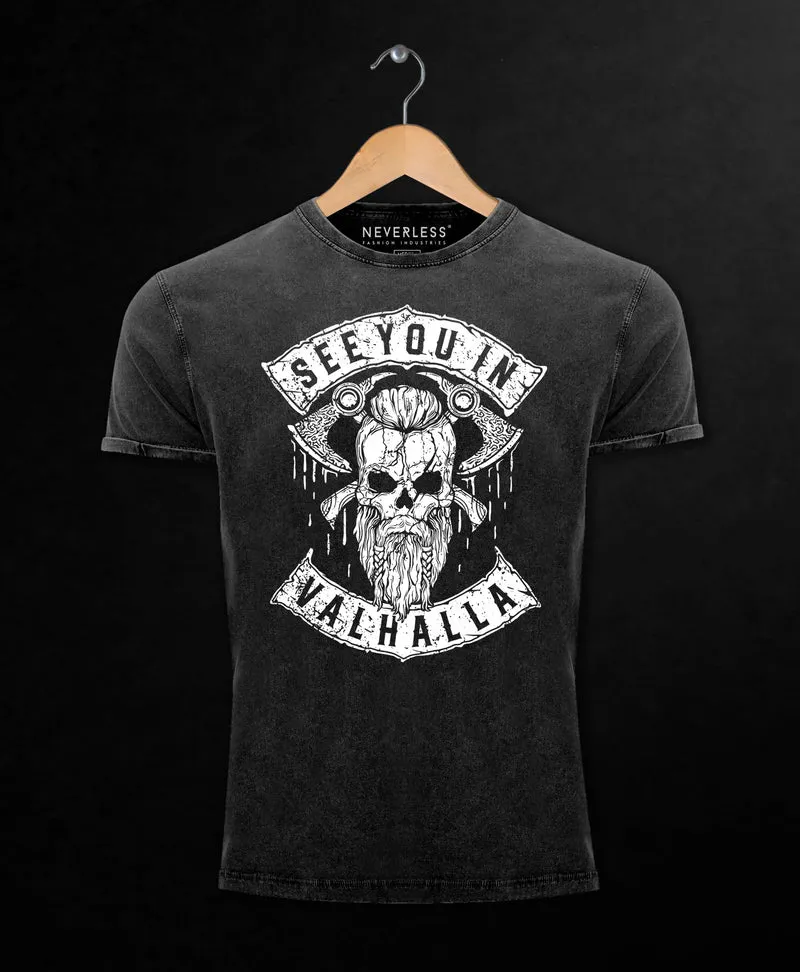 Herren Vintage Shirt See You in Valhalla Wikinger Totenkopf Skull Printshirt T-Shirt Aufdruck Used Look