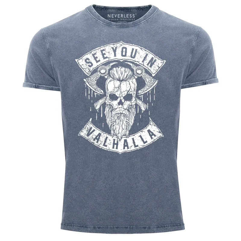 Herren Vintage Shirt See You in Valhalla Wikinger Totenkopf Skull Printshirt T-Shirt Aufdruck Used Look