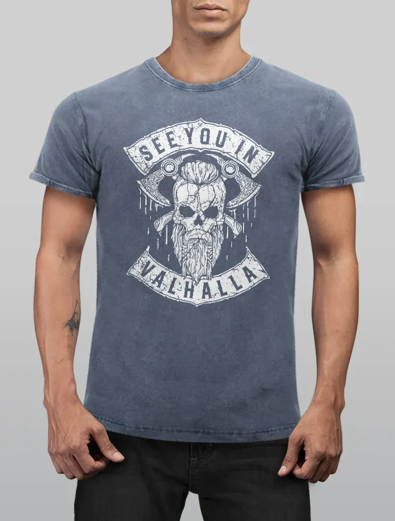 Herren Vintage Shirt See You in Valhalla Wikinger Totenkopf Skull Printshirt T-Shirt Aufdruck Used Look
