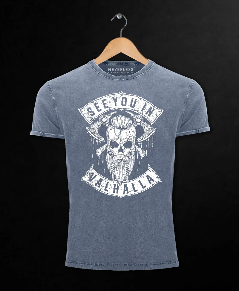 Herren Vintage Shirt See You in Valhalla Wikinger Totenkopf Skull Printshirt T-Shirt Aufdruck Used Look
