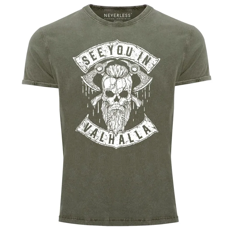 Herren Vintage Shirt See You in Valhalla Wikinger Totenkopf Skull Printshirt T-Shirt Aufdruck Used Look