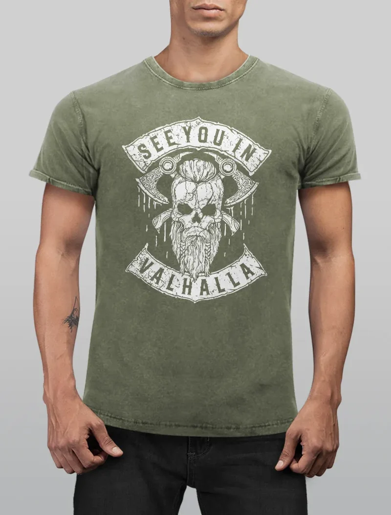 Herren Vintage Shirt See You in Valhalla Wikinger Totenkopf Skull Printshirt T-Shirt Aufdruck Used Look
