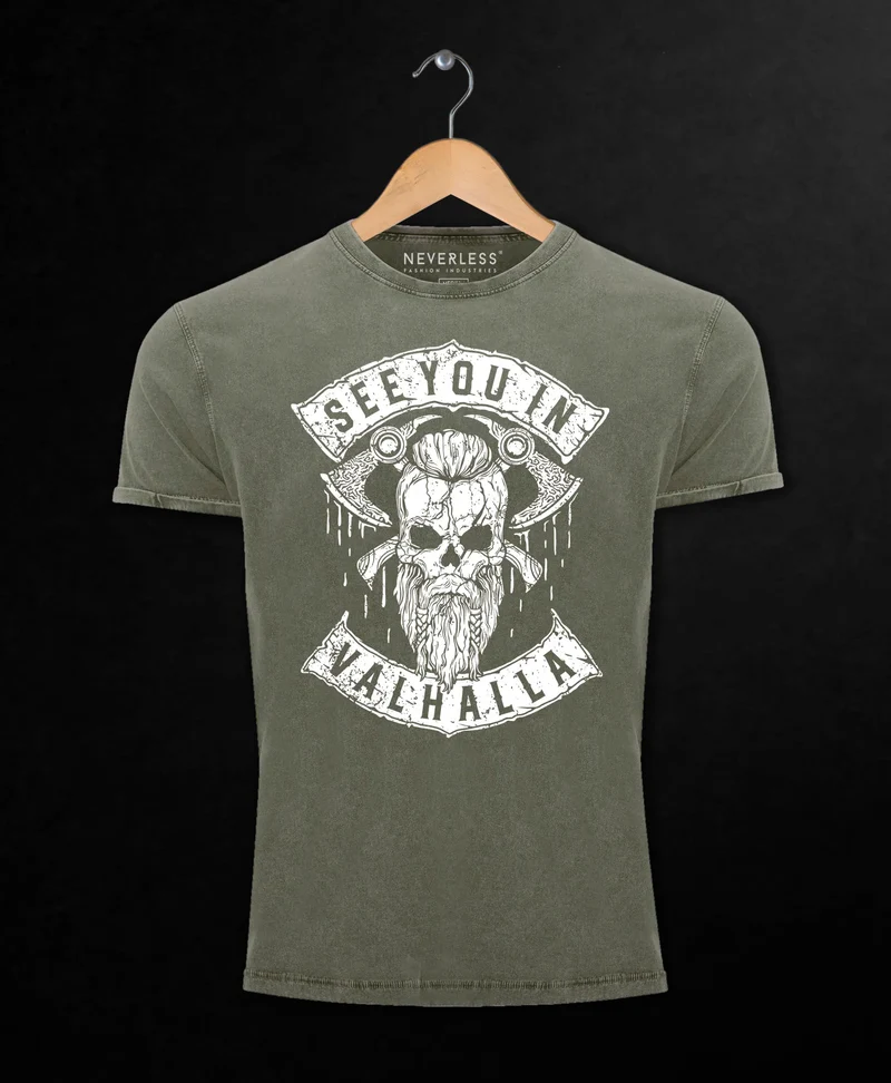 Herren Vintage Shirt See You in Valhalla Wikinger Totenkopf Skull Printshirt T-Shirt Aufdruck Used Look