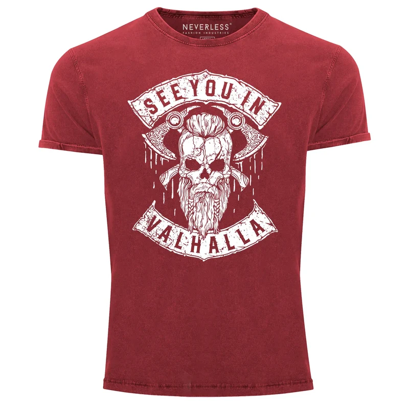 Herren Vintage Shirt See You in Valhalla Wikinger Totenkopf Skull Printshirt T-Shirt Aufdruck Used Look