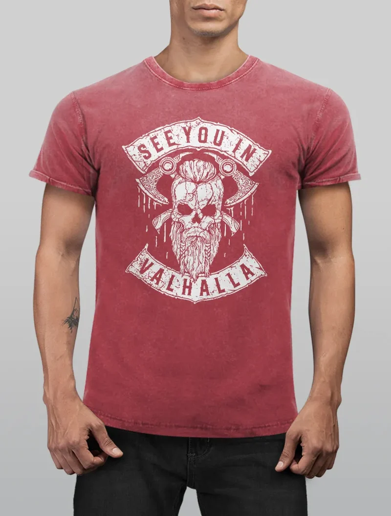 Herren Vintage Shirt See You in Valhalla Wikinger Totenkopf Skull Printshirt T-Shirt Aufdruck Used Look