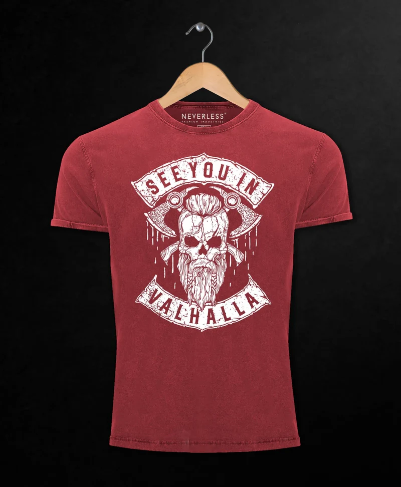Herren Vintage Shirt See You in Valhalla Wikinger Totenkopf Skull Printshirt T-Shirt Aufdruck Used Look