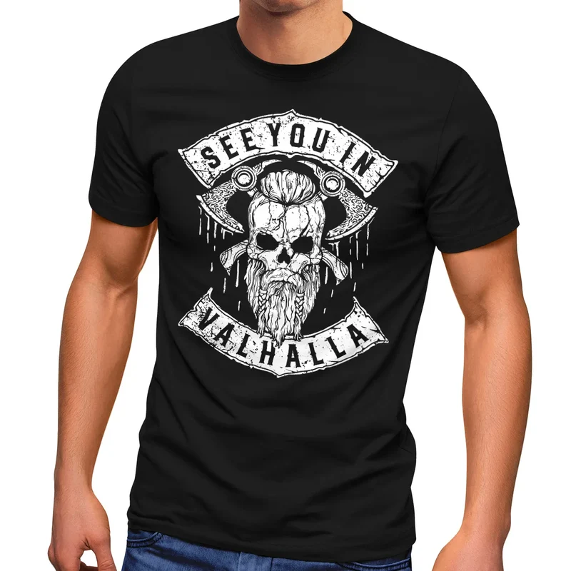 Herren T-Shirt See You in Valhalla Wikinger Totenkopf Skull Fashion Streetstyle