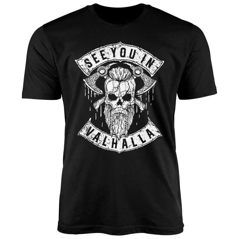 Herren T-Shirt See You in Valhalla Wikinger Totenkopf Skull Fashion Streetstyle