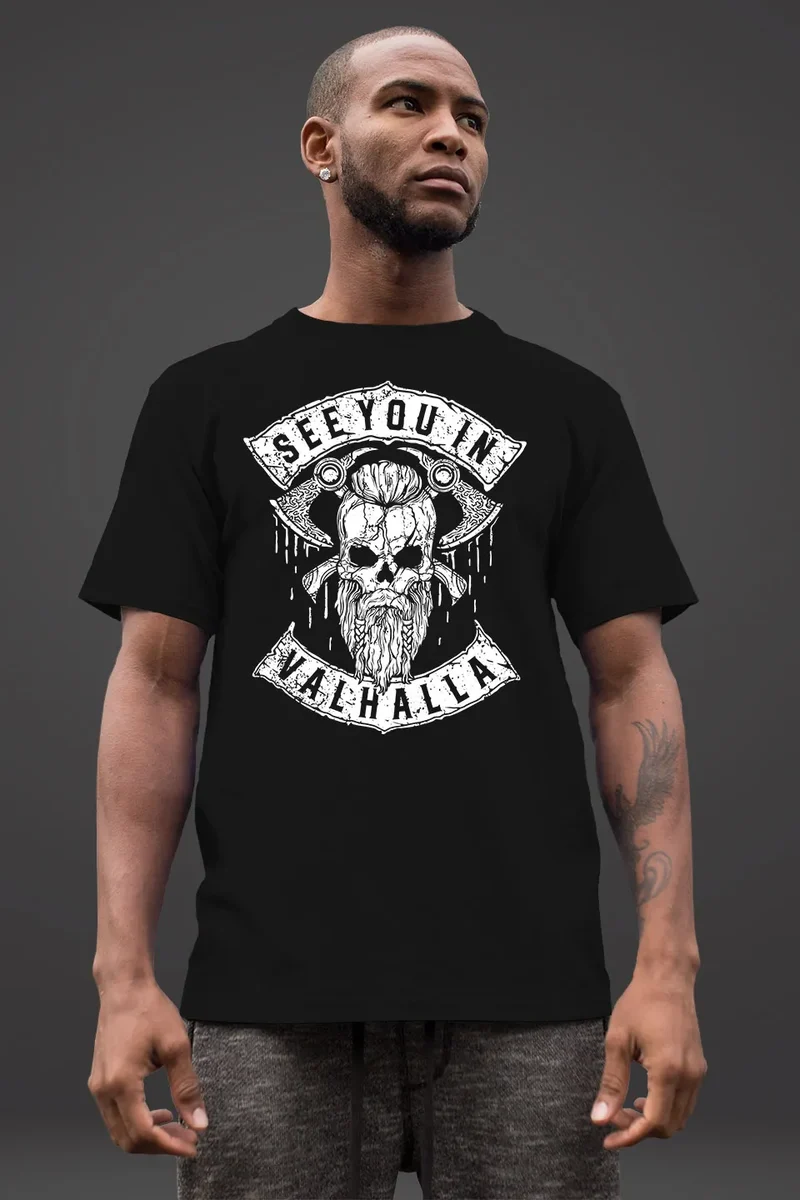 Herren T-Shirt See You in Valhalla Wikinger Totenkopf Skull Fashion Streetstyle