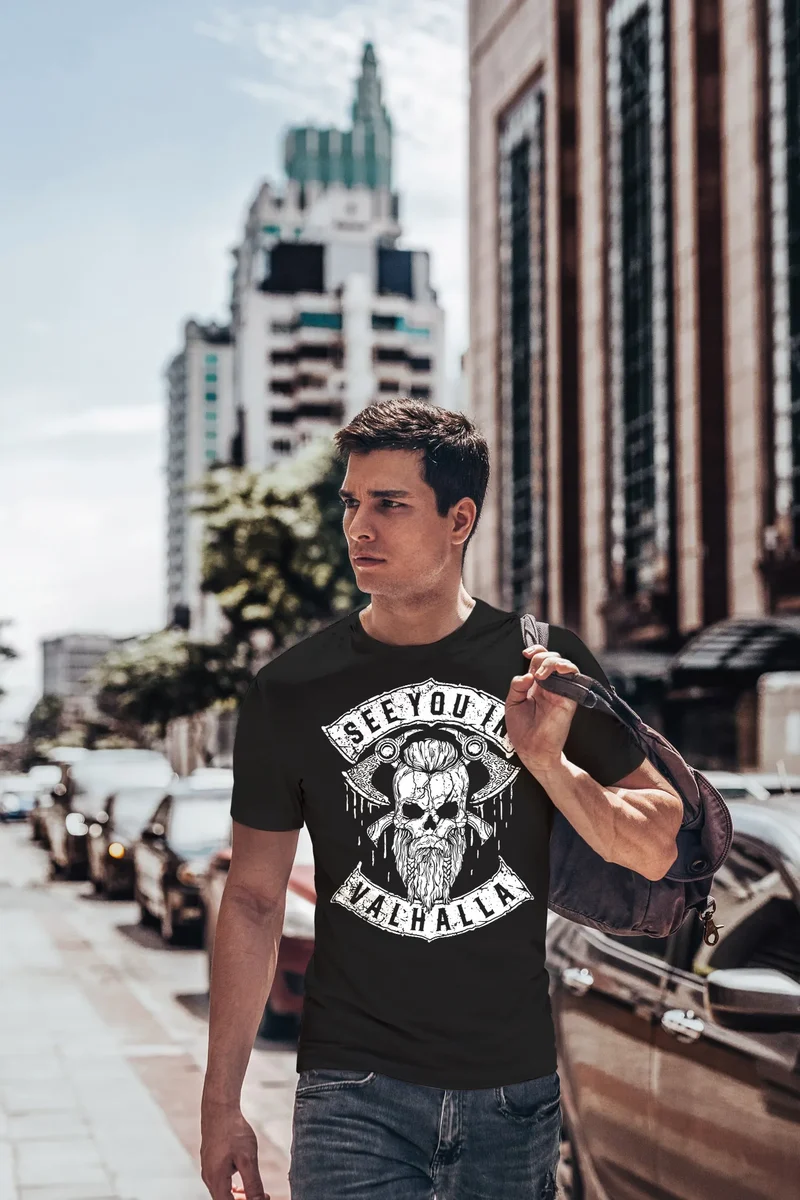Herren T-Shirt See You in Valhalla Wikinger Totenkopf Skull Fashion Streetstyle