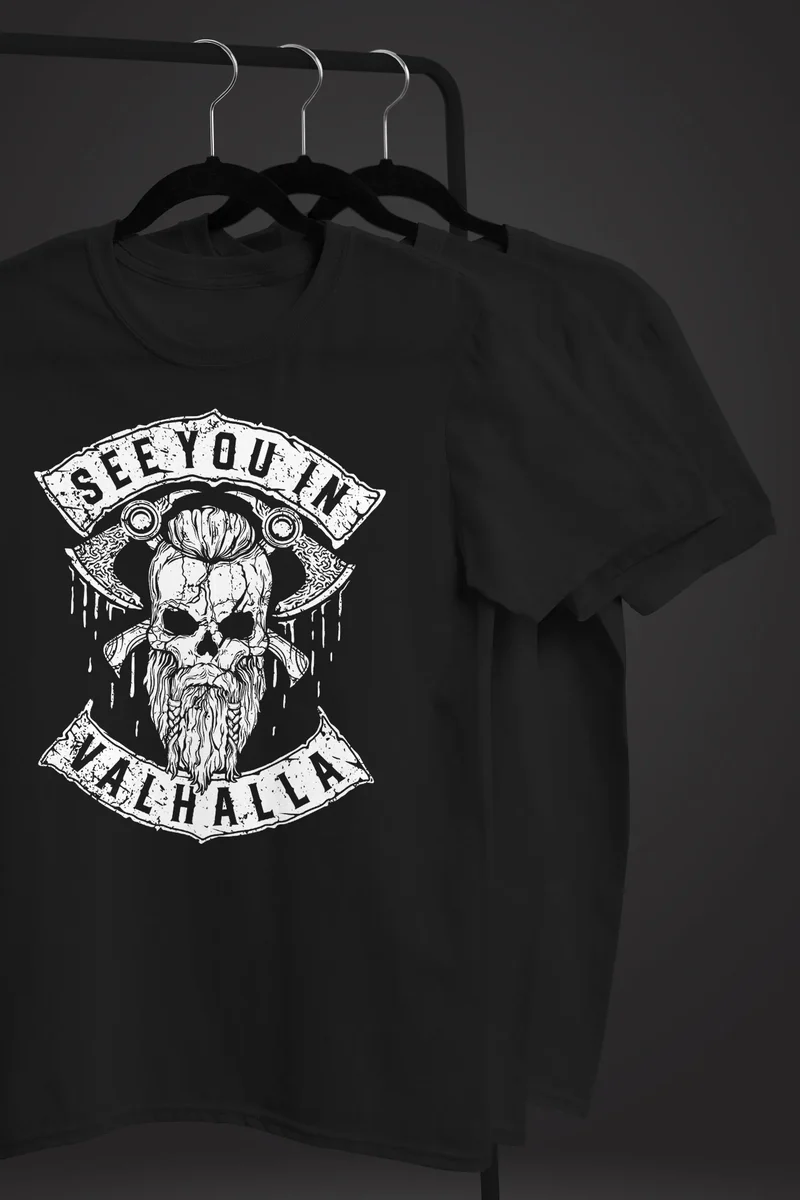 Herren T-Shirt See You in Valhalla Wikinger Totenkopf Skull Fashion Streetstyle