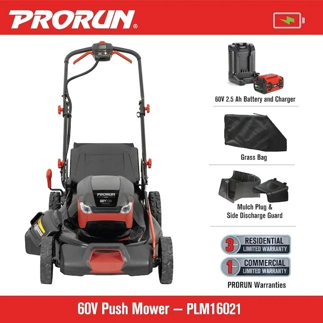 PRORUN 60V 21-In. Steel Deck Cordless Push Lawn Mower with 2.5 Ah Battery and Charger