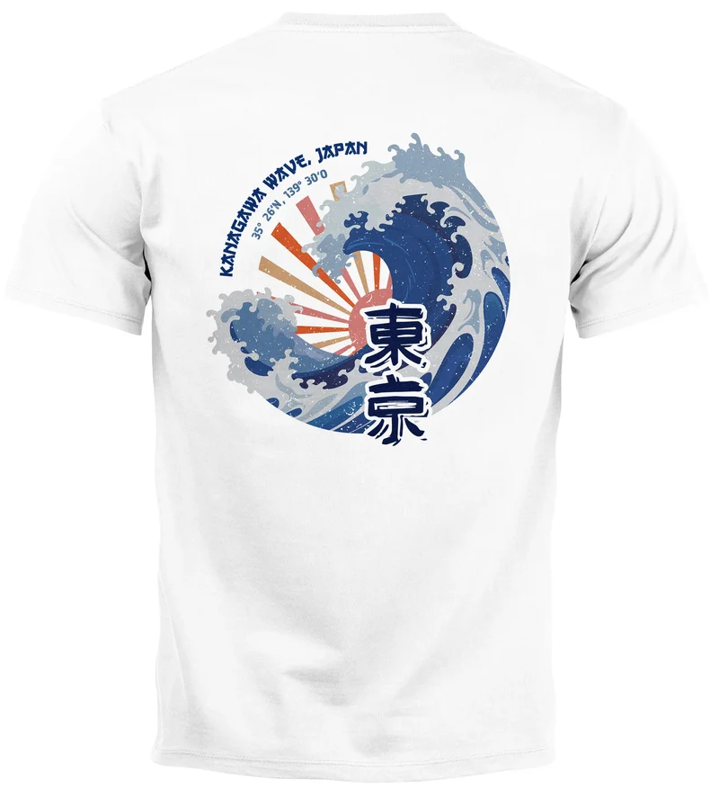 Backprint T-Shirt Herren Welle Kanagawa Japan Schriftzeichen Printshirt Brustlogo Sommer Fashion