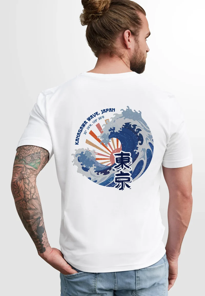 Backprint T-Shirt Herren Welle Kanagawa Japan Schriftzeichen Printshirt Brustlogo Sommer Fashion