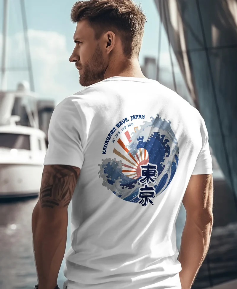 Backprint T-Shirt Herren Welle Kanagawa Japan Schriftzeichen Printshirt Brustlogo Sommer Fashion