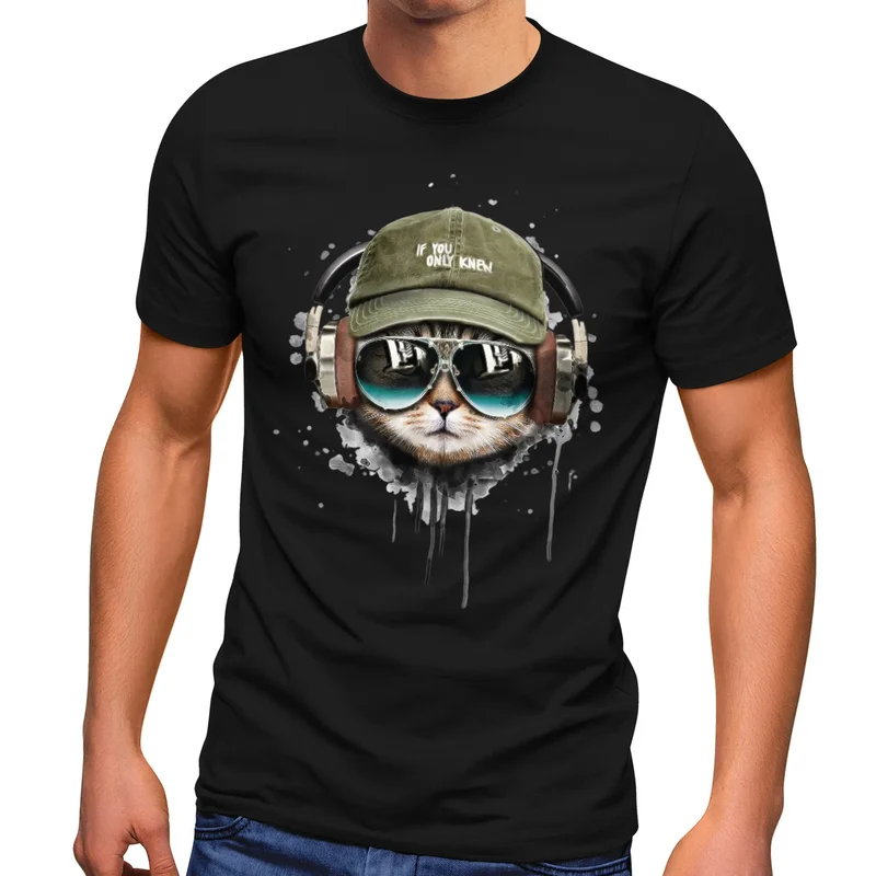 Herren T-Shirt Katzen-Motiv cool Kopfhörer Musik Fashion Streetstyle
