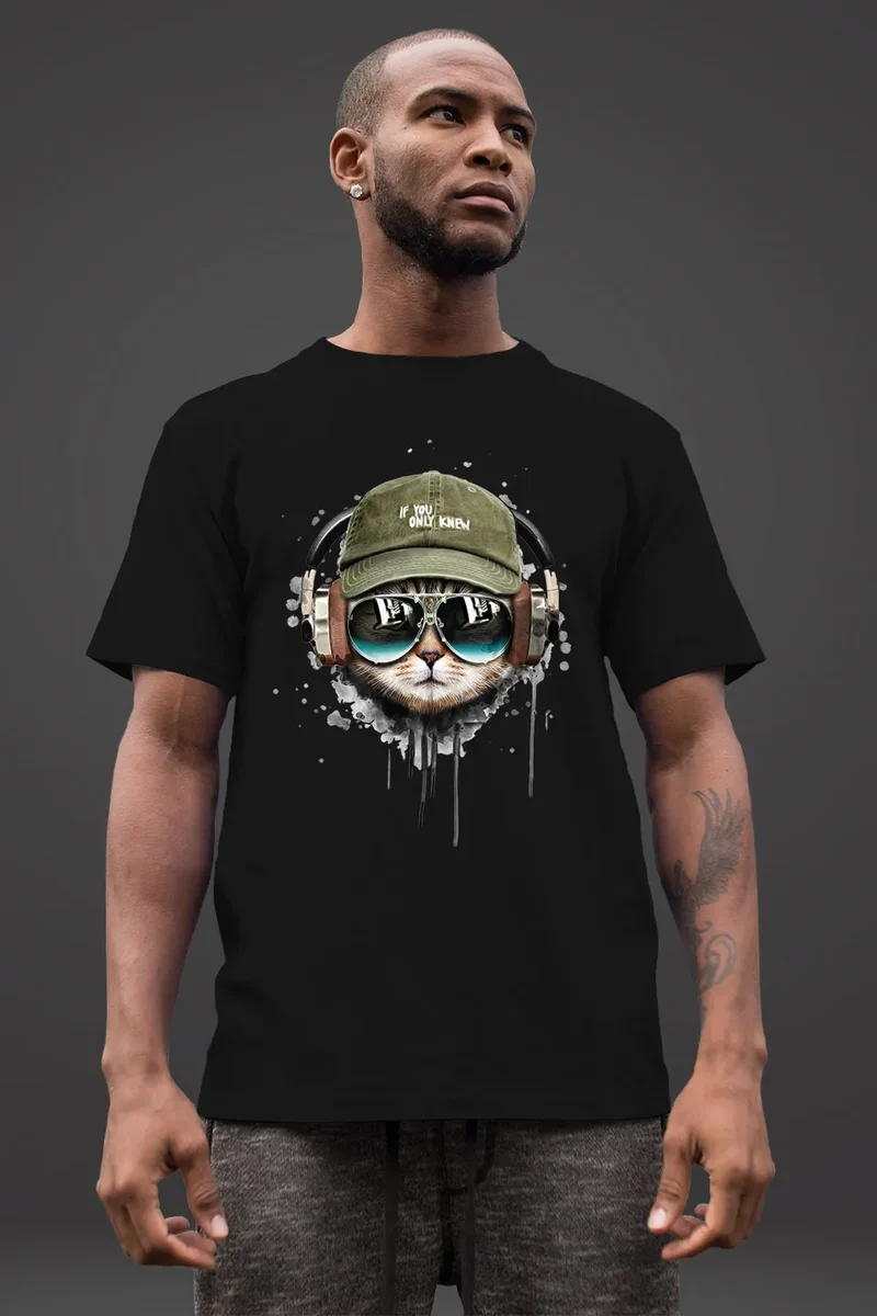 Herren T-Shirt Katzen-Motiv cool Kopfhörer Musik Fashion Streetstyle