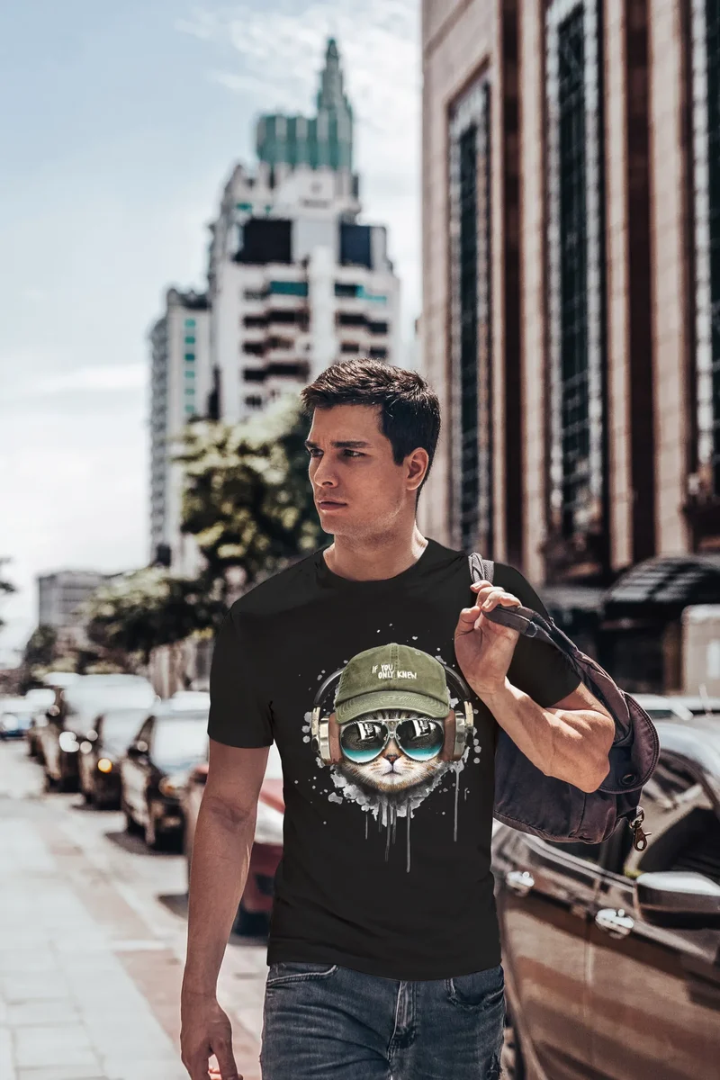 Herren T-Shirt Katzen-Motiv cool Kopfhörer Musik Fashion Streetstyle