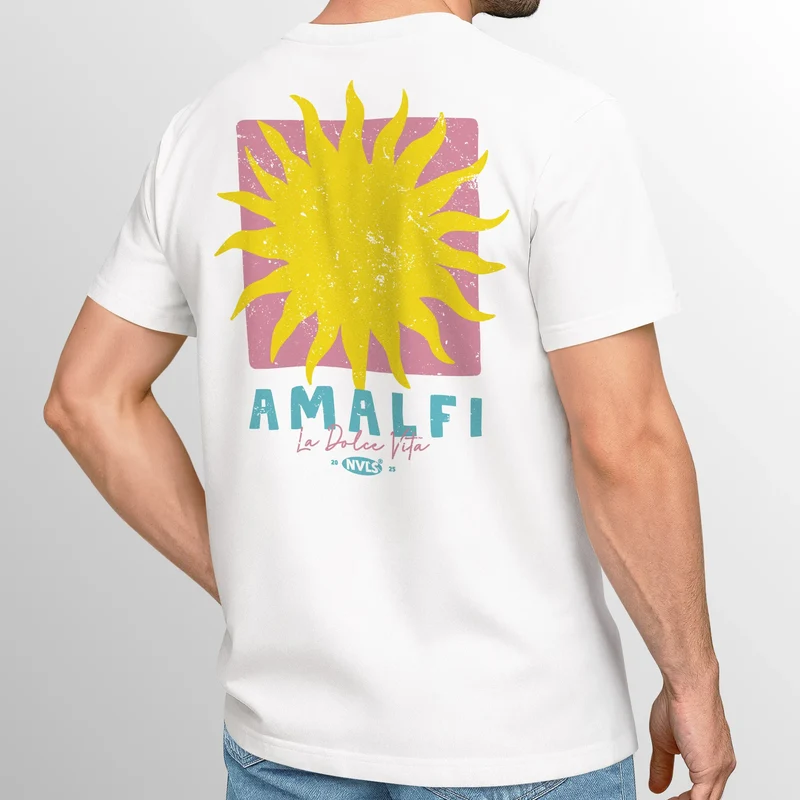 Herren T-Shirt Backprint Amalfi La Dolce Vita Sonne Print Schriftzug Fashion Streetstyle