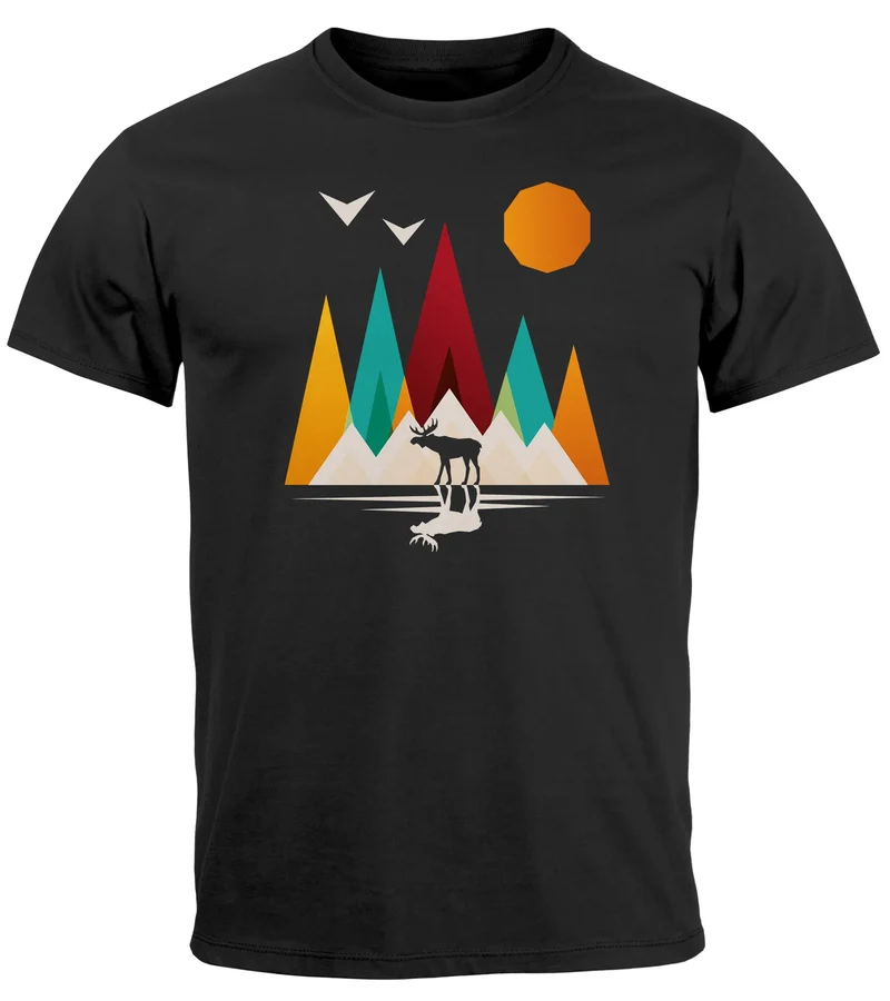 Herren T-Shirt Berge Elch Polygon Natur Outdoor Printshirt Aufdruck Wandern Männer Fashion Streetstyle