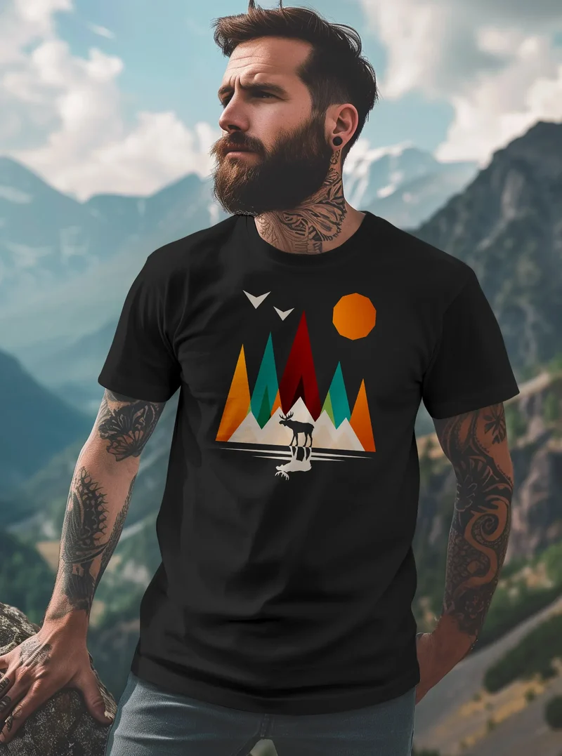 Herren T-Shirt Berge Elch Polygon Natur Outdoor Printshirt Aufdruck Wandern Männer Fashion Streetstyle