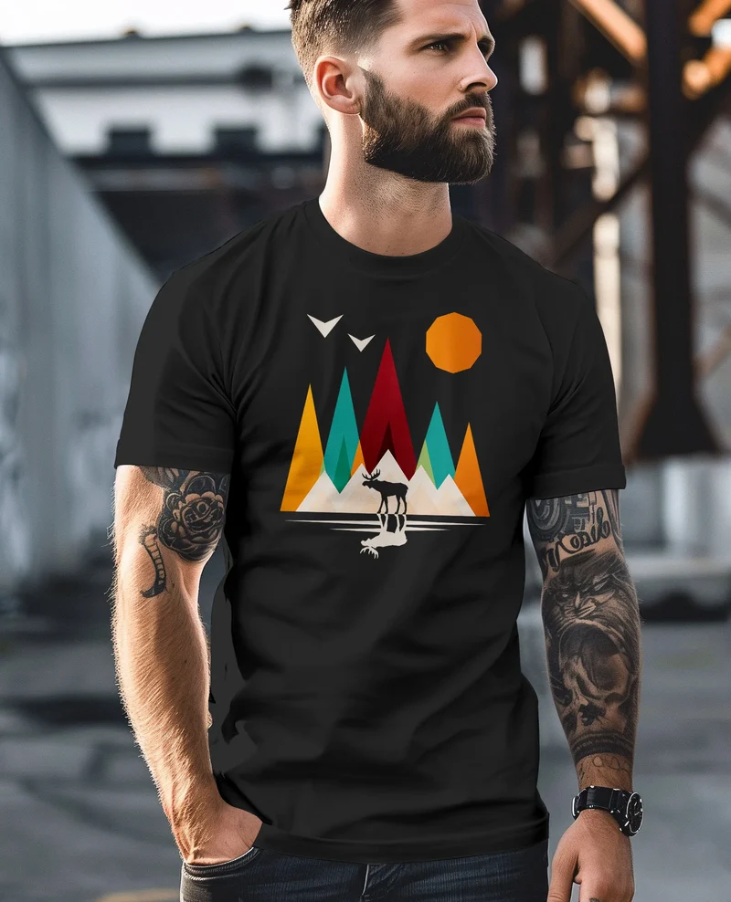 Herren T-Shirt Berge Elch Polygon Natur Outdoor Printshirt Aufdruck Wandern Männer Fashion Streetstyle