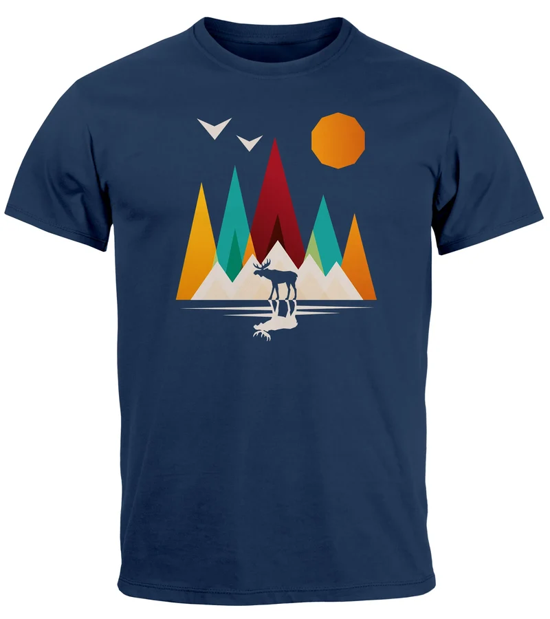 Herren T-Shirt Berge Elch Polygon Natur Outdoor Printshirt Aufdruck Wandern Männer Fashion Streetstyle
