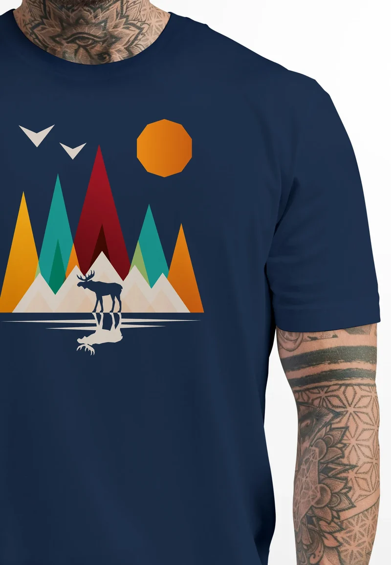 Herren T-Shirt Berge Elch Polygon Natur Outdoor Printshirt Aufdruck Wandern Männer Fashion Streetstyle