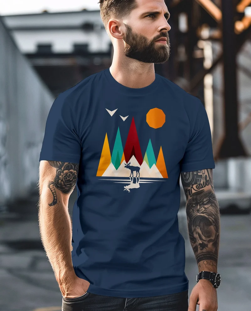 Herren T-Shirt Berge Elch Polygon Natur Outdoor Printshirt Aufdruck Wandern Männer Fashion Streetstyle