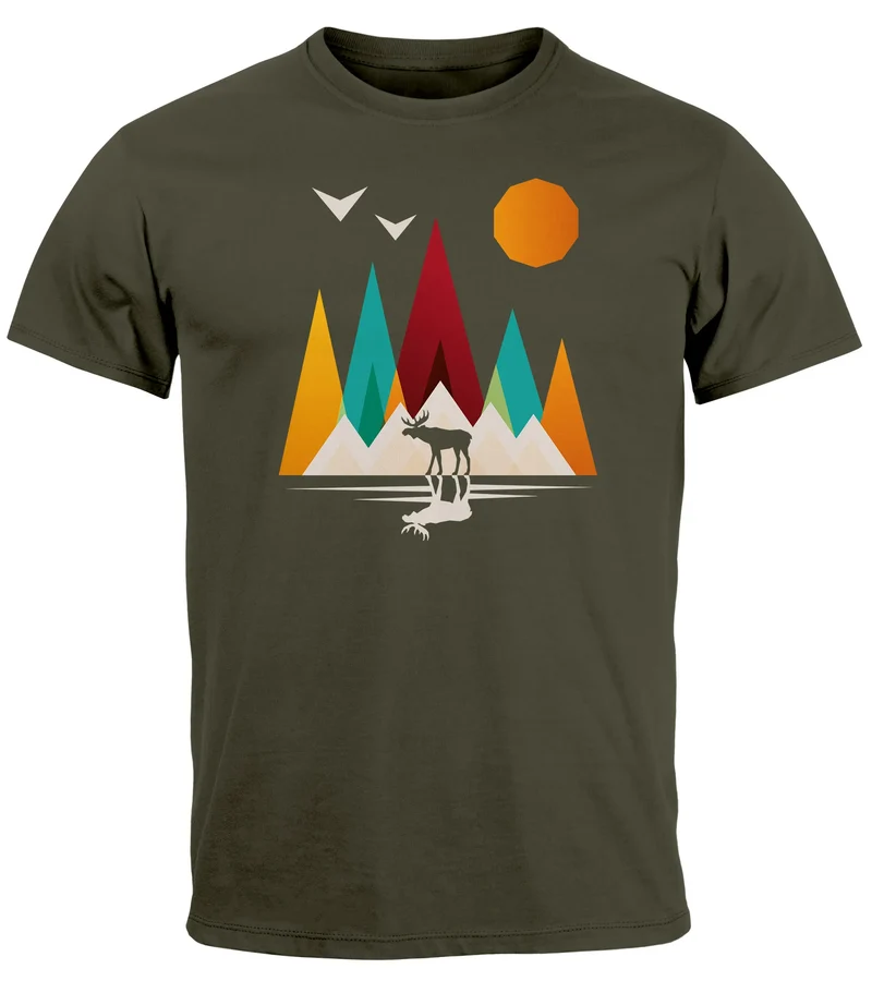 Herren T-Shirt Berge Elch Polygon Natur Outdoor Printshirt Aufdruck Wandern Männer Fashion Streetstyle