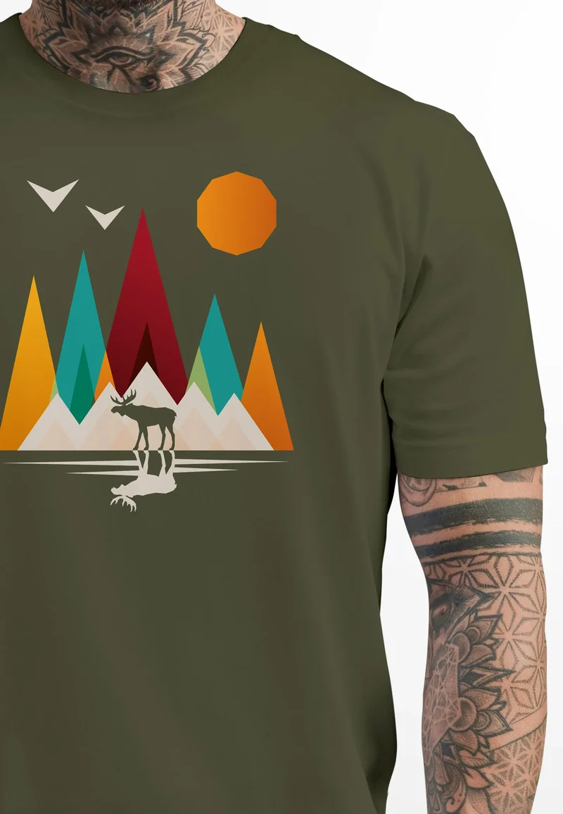 Herren T-Shirt Berge Elch Polygon Natur Outdoor Printshirt Aufdruck Wandern Männer Fashion Streetstyle