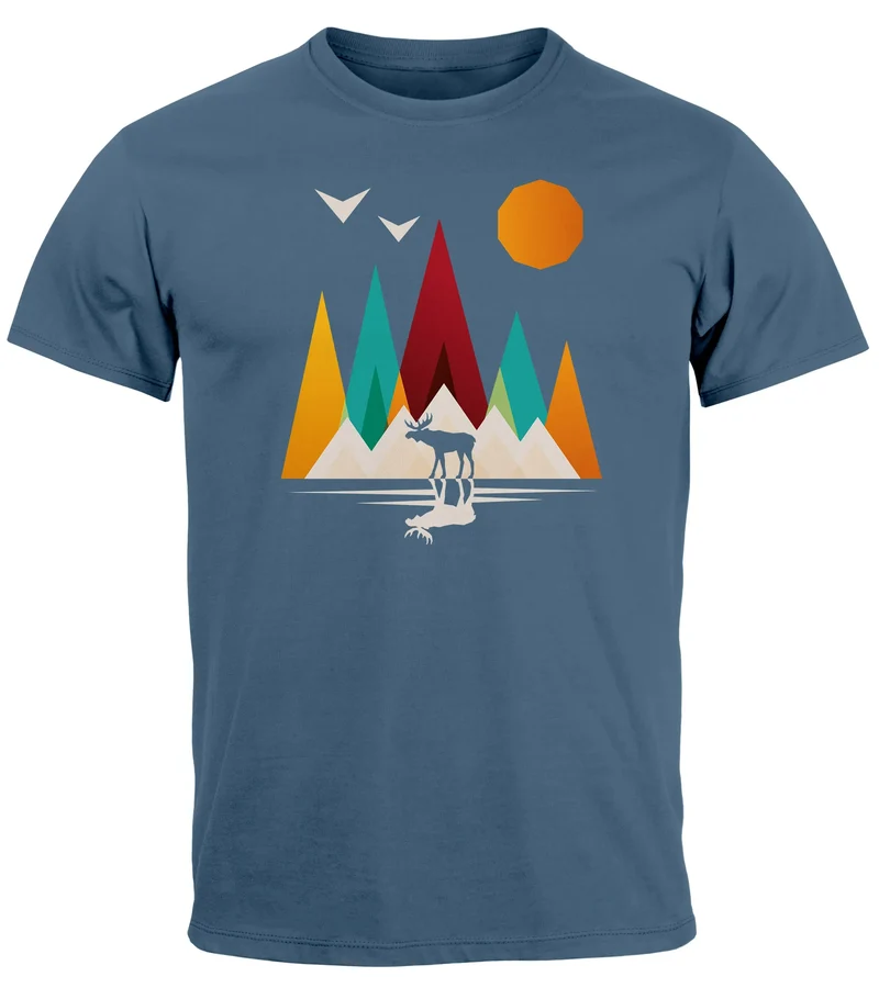 Herren T-Shirt Berge Elch Polygon Natur Outdoor Printshirt Aufdruck Wandern Männer Fashion Streetstyle