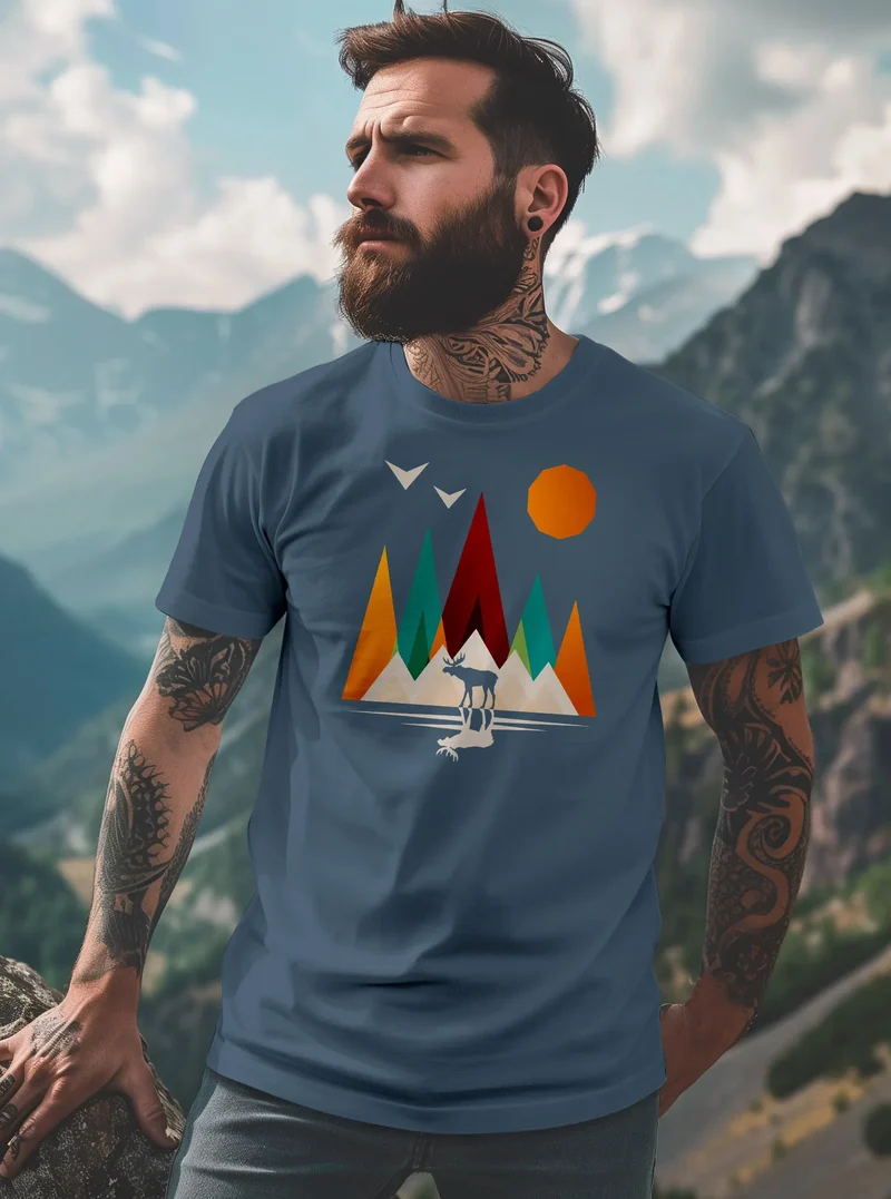 Herren T-Shirt Berge Elch Polygon Natur Outdoor Printshirt Aufdruck Wandern Männer Fashion Streetstyle