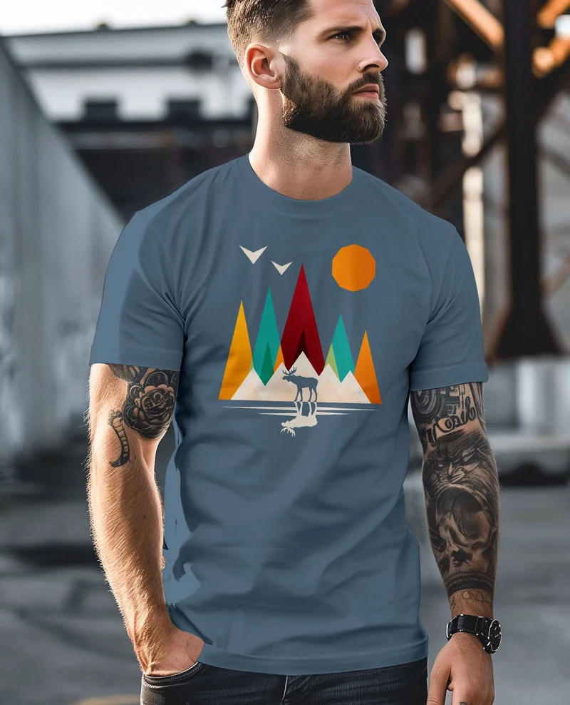 Herren T-Shirt Berge Elch Polygon Natur Outdoor Printshirt Aufdruck Wandern Männer Fashion Streetstyle